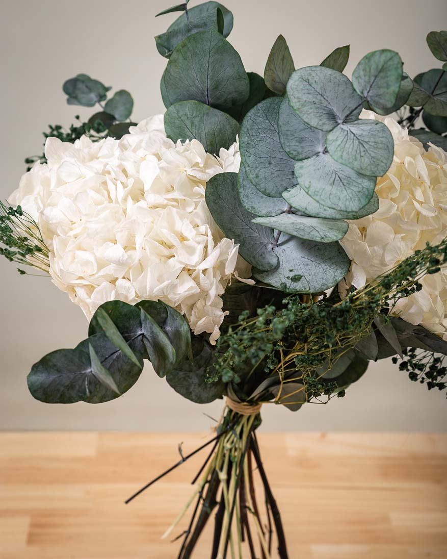 hortensias blancas y eucalipto